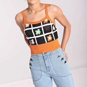 Hell Bunny Oopsie Daisy Orange and Black Floral Knit Crop Top Size Large